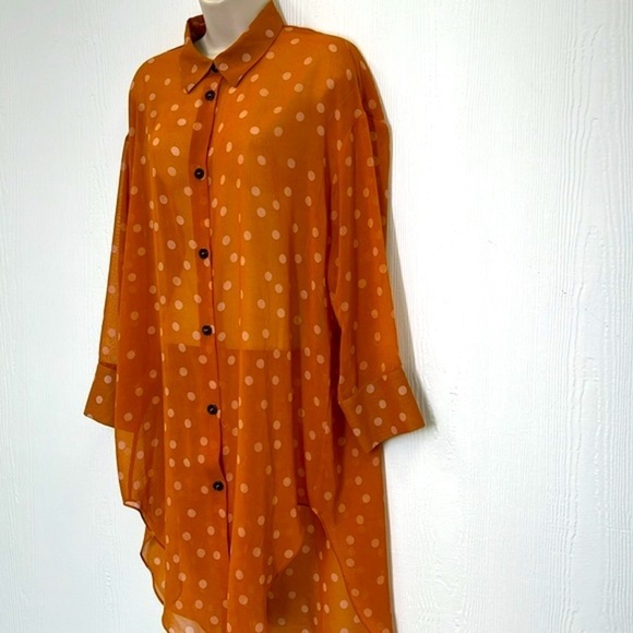 Zara - Polkadot Cream And Orange Button Down Long Chiffon Top Size Medium - Picture 8 of 13